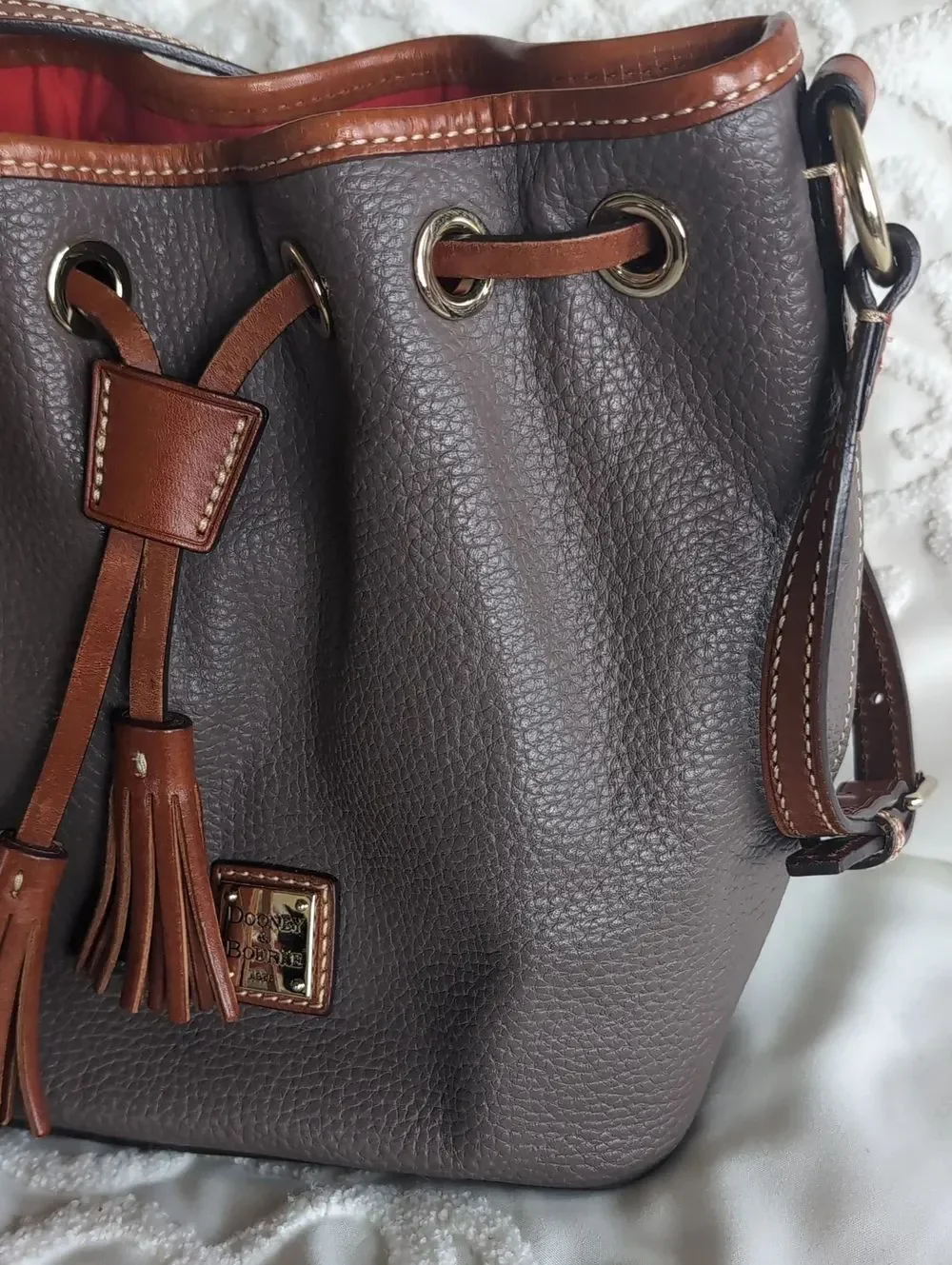 Dooney & Bourke Tasseled Leather Drwstring Bucket Shoulder Bag Taupe/British Tan